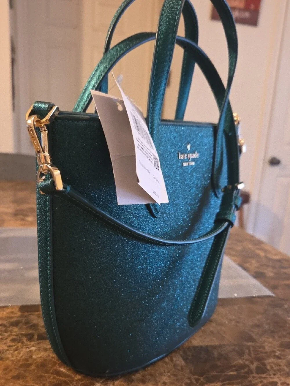 Kate Spade Teal Glitter Satchel with Matching Cardholder Set